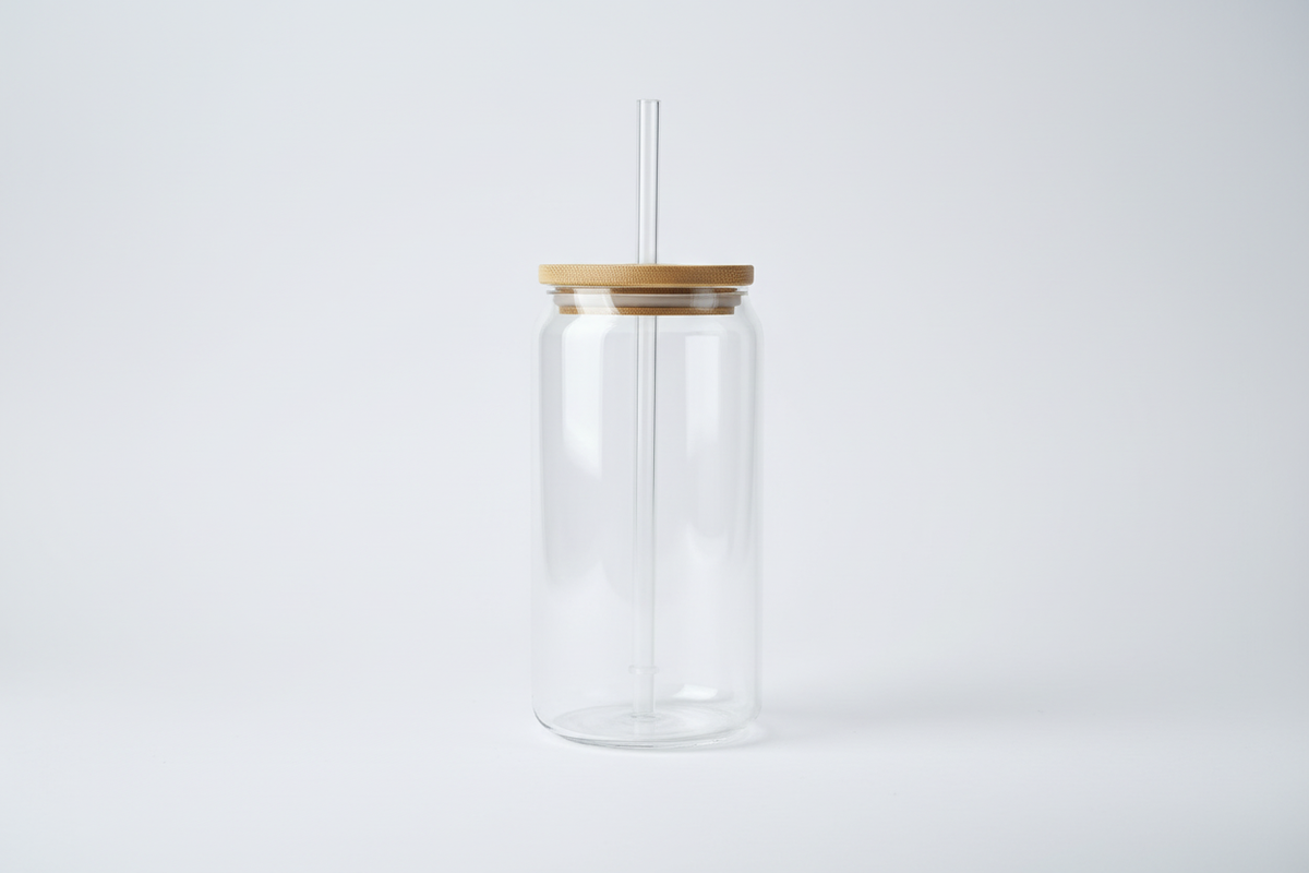 Custom Glass Tumbler with Bamboo Lid + Plastic Straw 600mls