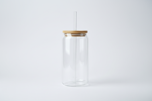 Custom Glass Tumbler with Bamboo Lid + Plastic Straw 600mls