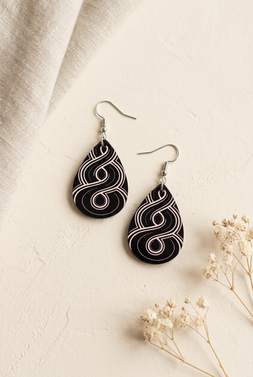 Soft warm jewellery photo of your black and white teardrop earrings