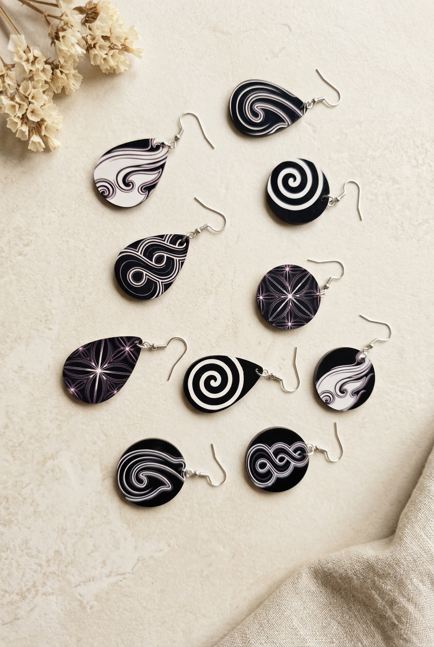 Your scattered earrings styled on a soft warm cream background
